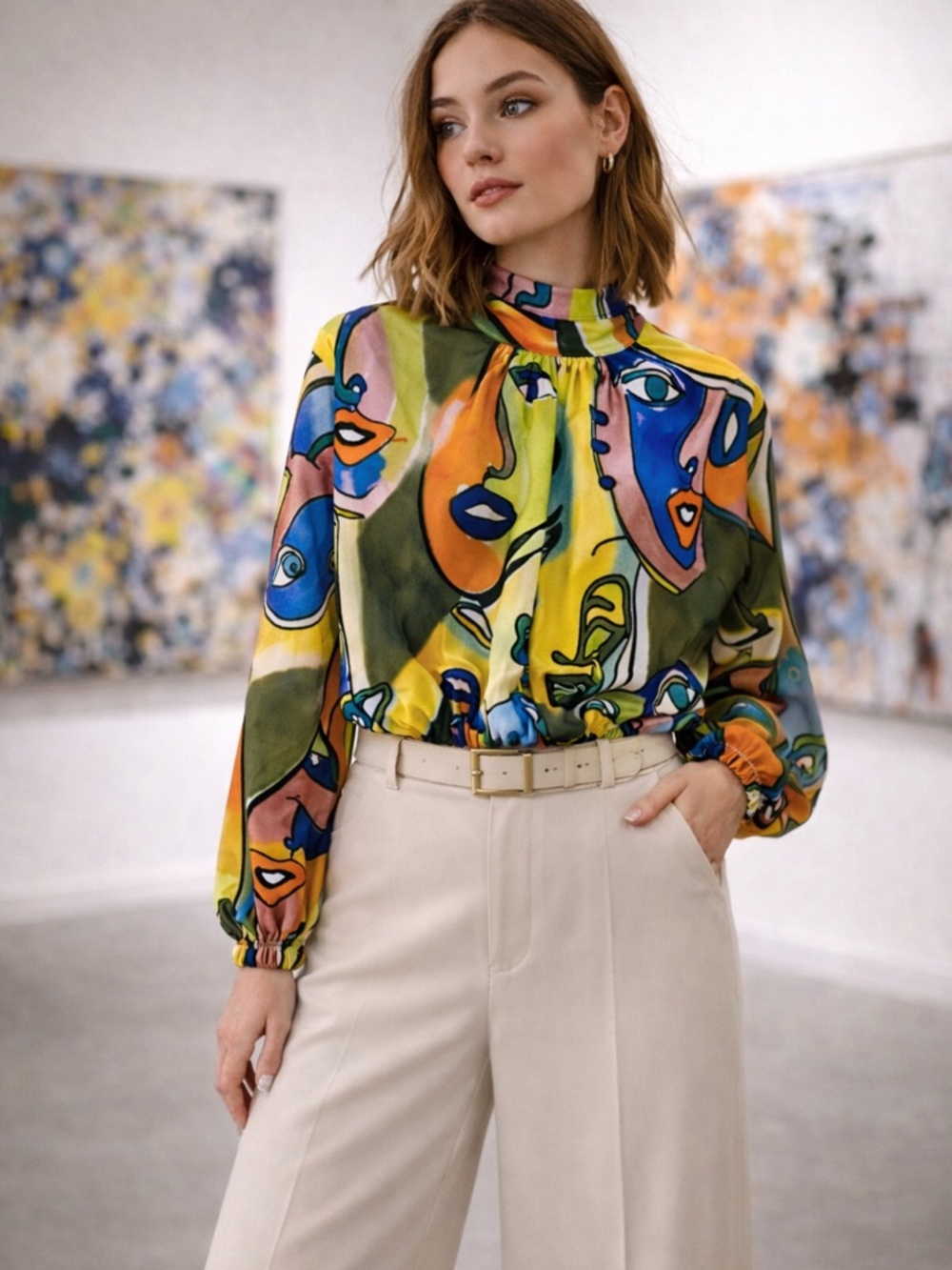 Abstract Face Print High Neck Crop Blouse Sz S Bold Wearable Art Top